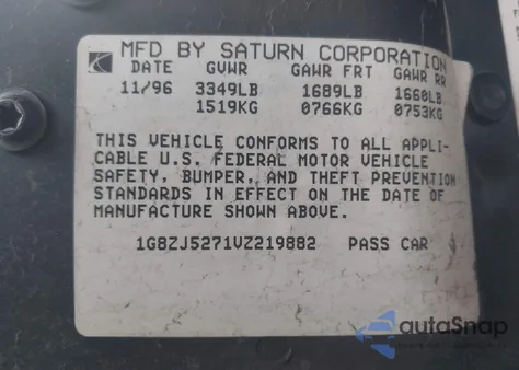 1997 Saturn Sl Sl2 z USA, uszkodzony, nr VIN 1G8ZJ5271VZ219882